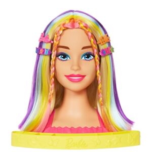 Barbie Doll Deluxe Styling Head with Color Reveal Accessories and Straight Blonde Neon Rainbow Hair for Hair Styling