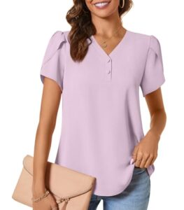 CATHY Women Summer Tops Petal Sleeve Button Up V Neck T-Shirts Casual Chiffon Henley Blouses