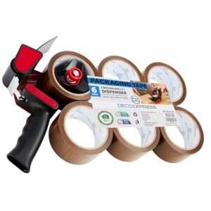 Packaging Tape Dispenser Tape Gun and 6 Rolls Strong Brown Tape Fragile Tape Clear Tape Heavy Duty Tape for Packing Boxes Moving House Essentials (Dispenser Brown