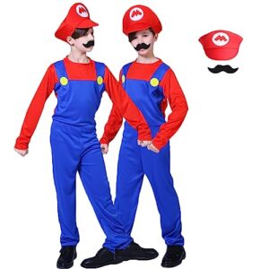 IDOTTA Halloween Plumber Costume Outfits for Kids Adult Unisex Cosplay Fancy Dress up with Bros Hats Cap Mustaches Halloween Cosplay Carnival