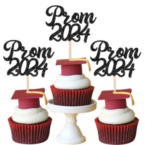 Xsstarmi 24 Pack Prom 2024 Cupcake Toppers Glitter 2024 Prom Graduation Cupcake Picks for Class of 2024 College Graduation Prom Party Cake Decorations Supplies Black