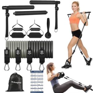 ALongSong Resistance Bands Pilates Bar Set With 4 Latex Exercise Bands 30/40lbs or 40/50lbs Home Workout Fitness For Yoga