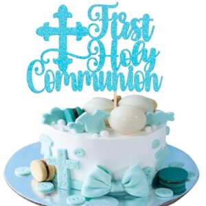 Xsstarmi 1 Pack First Holy Communion Cake Topper Glitter Baby Baptism Cross Cake Pick for God Bless Christian Baptism Baby Shower Birthday Party Cake Decorations Supplies Blue