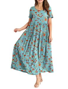 YESNO Women Dresses Casual Plus Size Bohemian Short Sleeve Floral Long Maxi Summer Beach Swing Dress/Pockets EJFUK