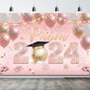 CHYAGCLT Prom Decorations 2024 Banner Backdrop Pink Rose and Gold Graduation Party Decorations Photo Background for High School College Congrats Grad