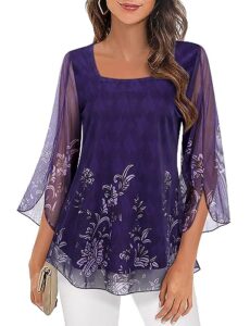 Syphiby Womens Blouses Ruffle 3/4 Sleeve Tunic Tops Loose Flowy Square Neck Chiffon Top Double Layers Mesh Shirts M-3XL