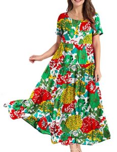 YESNO Women Dresses Casual Plus Size Bohemian Short Sleeve Floral Long Maxi Summer Beach Swing Dress/Pockets EJFUK