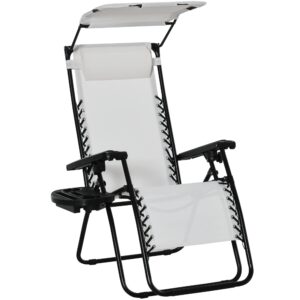 Outsunny Zero Gravity Garden Deck Folding Chair Texteline Patio Sun Lounger Reclining Seat with Cup Holder & Canopy Shade - White