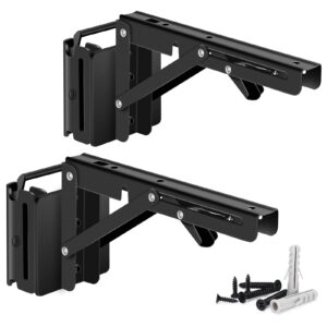 E Track Folding Fixed Shelf Brackets 2 Pcs 8 inch Black Heavy Duty Metal DIY E-Track Collapsible Shelf Hinge Etrack Accessories for Workbench Table Shelves in Enclosed Trailer