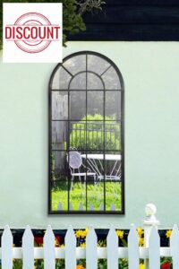 MirrorOutlet Large New Black Multi Panelled Arched Window Garden Outdoor Mirror 4ft7 x 2ft2