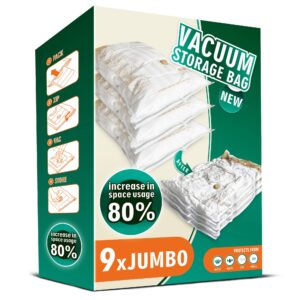 Storage Master Space Saver Bags for Travel and Home Reusable Vacuum Storage Bags Save 80% More Storage Space Work with Vacuum Cleaner (9 Jumbo