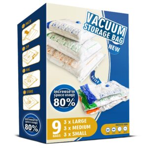 Storage Master Space Saver Bags for Travel and Home Reusable Vacuum Storage Bags Save 80% More Storage Space Work with Vacuum Cleaner (9 Combo