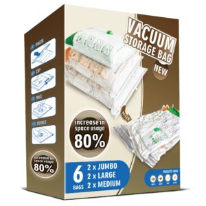 Storage Master Space Saver Bags for Travel and Home Reusable Vacuum Storage Bags Save 80% More Storage Space Work with Vacuum Cleaner (6 Combo