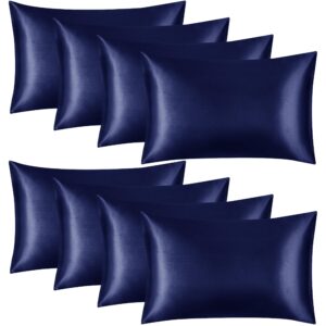 Hafaa Navy Satin Pillowcase 8 Pack – Standard Size (50x75cm) Envelope Closure Satin Silk Pillowcases for Hair and Skin – Luxury Soft Hotel Quality Anti Wrinkled Silk Pillow Case