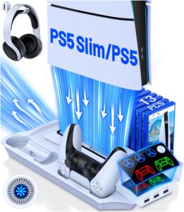 HEYLICOOL Accessories for PS5/PS5 Slim Stand with 3 Level Cooling Fan