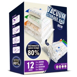 Storage Master Space Saver Bags for Travel and Home Reusable Vacuum Storage Bags Save 80% More Storage Space Work with Vacuum Cleaner (12 Pack