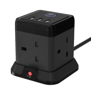 Cube Extension Lead with 3 USB Slots 13A 3250W Hulker 4 Gang Plug Extension Socket with Switch 4 Way Power Strip with 3 USB Port 1.5M Extension Cord Black for Home Dorm Office Travel…