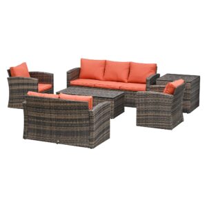 Outsunny 6 Pieces Rattan Garden Furniture Set Wicker Outdoor Sofa Sectional Patio Conversation Furniture Set w/Storage Table and Cushions