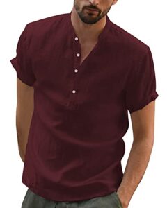 YAOBAOLE Men's Summer Linen Cotton Henley Shirt Casual Short Sleeve Button Up Beach Shirts