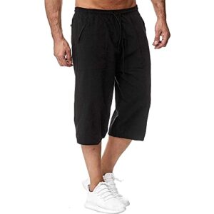 Sprifloral Mens Linen Shorts 3/4 Length Pants Summer Trousers Beach Yoga Joggers Casual Sweatpants