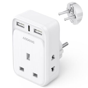 UK to European Plug Adaptor with 3 USB Ports(1 20W USB C Ports) and 2 Shaver Adapter Plug for Universal Shaver/Toothbrush