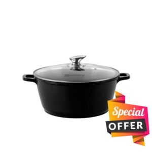 SQ Professional NEA Die-Cast Aluminium Stockpot with 3-Layer Non-Stick Coating Stew Pots Induction Casserole Pan Tempered Glass Lid with Steam Vent (Black