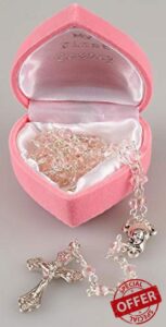 My 1st rosary childs girl pink glass small rosary beads + box fab Communion gift by C BC