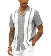 Mens Linen Shirts Casual Cotton Henley Neck Striped Shirt Summer Short Sleeve Shirts