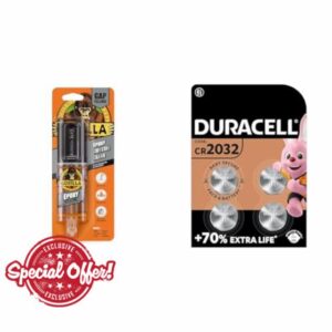 Gorilla Epoxy 25ml & DURACELL 2032 Lithium Coin Batteries 3V (4 Pack) - Up to 70% Extra Life - Baby Secure Technology