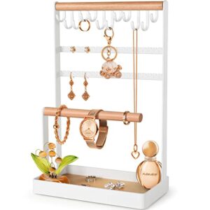 5-Tier display Stand with Earring Holes Wooden Tray 10 Hooks Bracelet Holder for Necklaces Earrings Rings Watches Dresser Storage