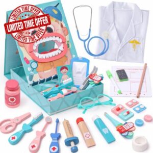 Atoylink Doctors Set for Kids with Wooden Dentist Toys Doctor Dress Up Costume Medical Doctor Playsets Body Cognition Wooden Educational Toy Pretend Play Gifts for Kids Girls Boys 3 4 5 6 Years (Blue)