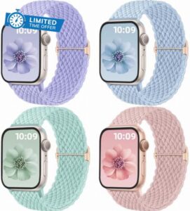 Mastten 4 Pack Solo Loop Braided Straps Compatible with Apple Watch Straps 40mm 41mm 38mm 42mm 44mm 45mm 49mm for Women Men