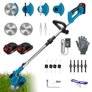 21V Telescopic Grass Trimmer Electric Edger Brush Cutter Lightweight with 2x 2000mAh Battery Charger for Garden Lawn Care Clearing Weeds Trees (SET)