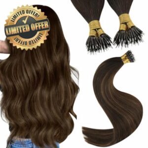 YoungSee Nano Hair Extensions Real Human Hair Brown Nano Ring Hair Extension Brown with Dark Brown Balayage Nano Beads Hair Extensions Human Hair Balayage 16inch Nano Tip Hair Extensions Ombre 50s 50g