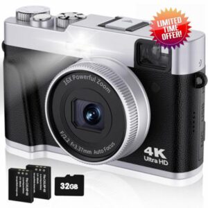 Digital Camera 4K 48MP Autofocus with 32G Card Optical Viewfinder 16x Zoom Vlogging Camera for Photography Flash Anti-shake Rechargeable Compact Camera for Beginner Teenager (Black)