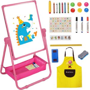 Mekidulu Kids Whiteboard 63cm-107cm Adjustable 360° Rotating-Double Sided Iron Kids Easel-with Apron