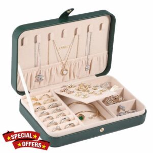 LANDICI Jewellery Box Small Jewellery Organiser for Women Girls PU Leather Travel Jewellery Storage Case Portable Jewellery Holder for Ring Earrings Necklace Bracelet Jewellery Gift Box Blackish Gree