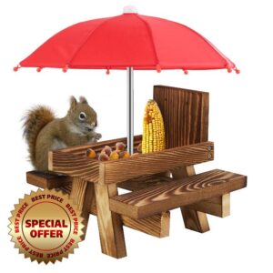 Felenny Outdoor Wooden Squirrel Feeder Funny Squirrel Feeding Table with An Umbrella for Garden Yard Tree