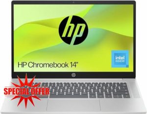 HP Chromebook 14" | Intel Processor N100 Processor| 4 GB RAM | 128 GB Flash Storage | Intel UHD Graphics | HD Display | Up to 12hrs battery | Chrome OS | Dual Speakers | Glacier Silver | 14a-nf0002sa