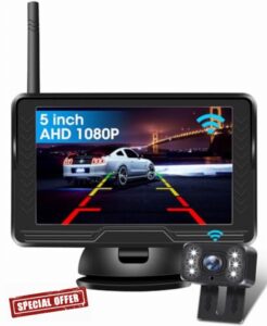 【Stable Signal】Wireless Reverse Camera AHD 1080P Reversing Camera with 5 inch Monitor 6 LED Light 170° Wide Angle Reverse Camera Kit for Car Van Caravan IP69 Waterproof DIY Guide Line