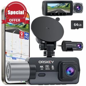 ORSKEY 4K 3 Channel Dash Cam 5G WiFi Built-in GPS with 64GB Card