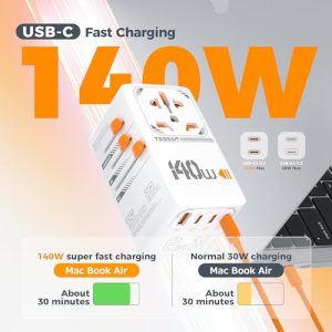 TESSAN GaN International Plug Adaptor with 1 USB A and 3 USB C Charging Ports