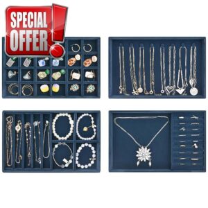 ProCase Jewellery Tray Organiser 4 Set Jewellery Drawer Organiser Velvet Stackable Jewellery Storage Tray for Drawer Jewellery Display for Earring Necklace Ring Bracelet