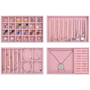 ProCase Jewellery Tray Organiser 4 Set Jewellery Drawer Organiser Velvet Stackable Jewellery Storage Tray for Drawer Jewellery Display for Earring Necklace Ring Bracelet