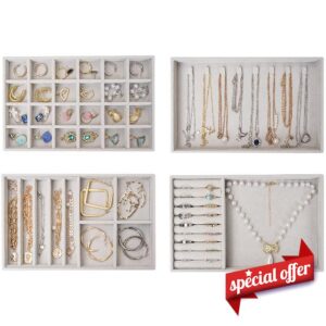 ProCase Jewellery Tray Organiser 4 Set Jewellery Drawer Organiser Velvet Stackable Jewellery Storage Tray for Drawer Jewellery Display for Earring Necklace Ring Bracelet