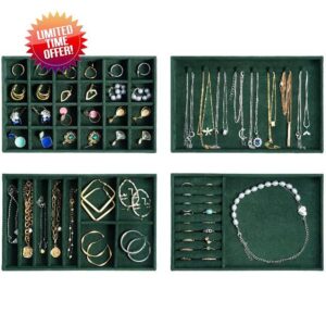 ProCase Jewellery Tray Organiser 4 Set Jewellery Drawer Organiser Velvet Stackable Jewellery Storage Tray for Drawer Jewellery Display for Earring Necklace Ring Bracelet