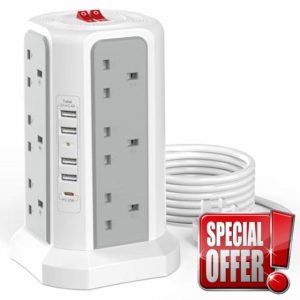 Tower Extension Lead with USB Slots with 20W USB C Fast Charger(5V/3.1A)