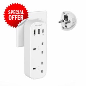 UK to European Plug Adapter with 3 USB (1 USB C)