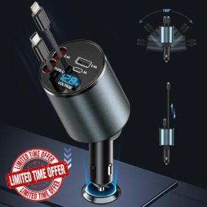LUOCAI 120W 4 in 1 Car Charger Retractable Car Phone Charger with Retractable Cables and Voltage Display