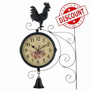 SHITOOMFE Outdoor Wall Clock Garden Decorative Double Sided Bracket Clock Retro Hanging Clock Iron Art Craft with Rooster Bell wall clock